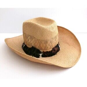 VTG Adam Western 101 Corral Straw Hat Curl Brim High Crown Feather Hatband Sz 7